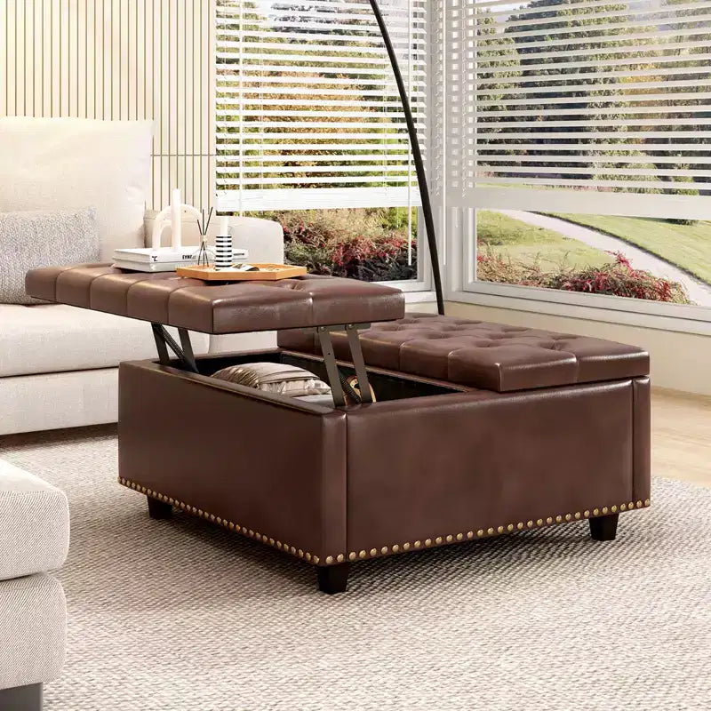 32 Leather Coffee Table Storage Ottoman, Square Lift-Top Ottoman Cube Bench, Large Square Storage Coffee Table