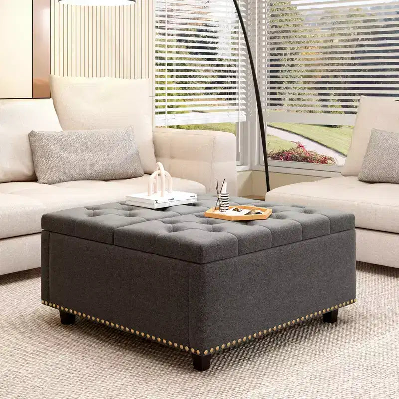 32 Leather Coffee Table Storage Ottoman, Square Lift-Top Ottoman Cube Bench, Large Square Storage Coffee Table