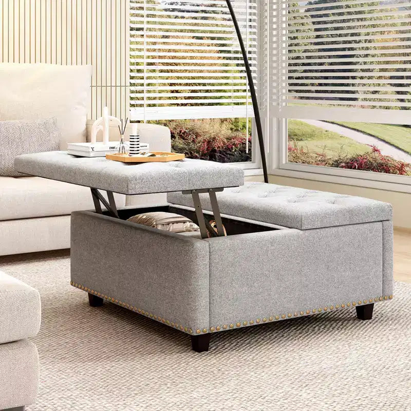 32 Leather Coffee Table Storage Ottoman, Square Lift-Top Ottoman Cube Bench, Large Square Storage Coffee Table