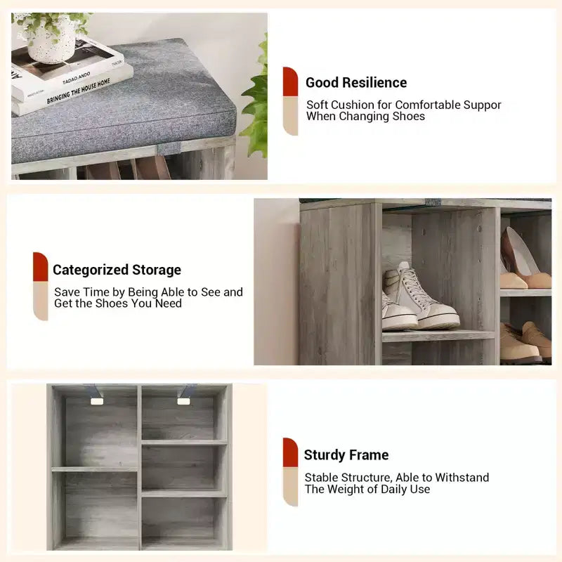 Shoe Bench with Storage, Entryway Bench with Cushioned Seat & Adjustable Shelves for Hallway and Mudroom