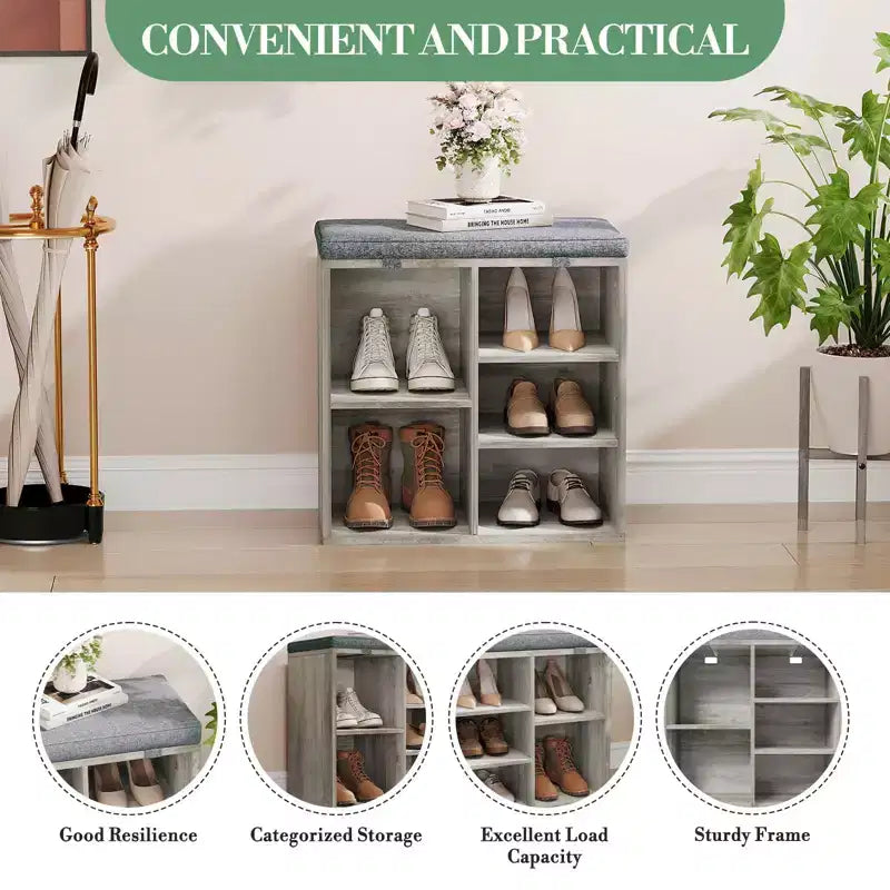 Shoe Bench with Storage, Entryway Bench with Cushioned Seat & Adjustable Shelves for Hallway and Mudroom