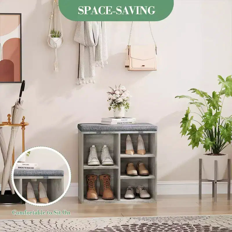 Shoe Bench with Storage, Entryway Bench with Cushioned Seat & Adjustable Shelves for Hallway and Mudroom