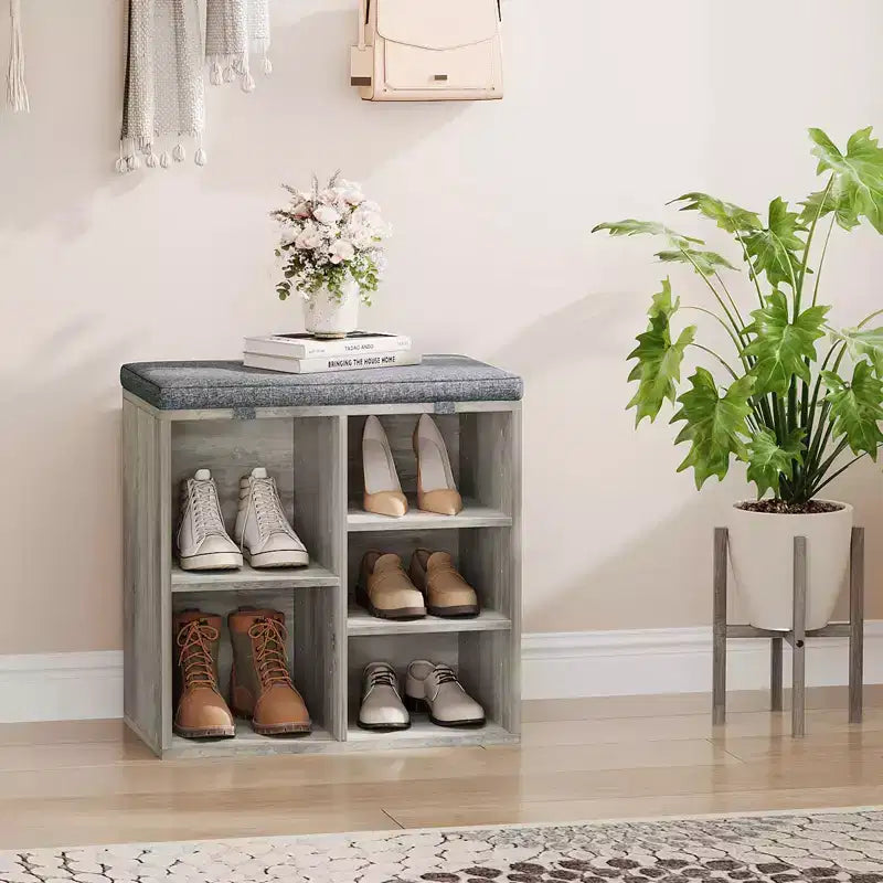 Shoe Bench with Storage, Entryway Bench with Cushioned Seat & Adjustable Shelves for Hallway and Mudroom
