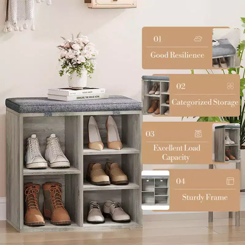 Shoe Bench with Storage, Entryway Bench with Cushioned Seat & Adjustable Shelves for Hallway and Mudroom