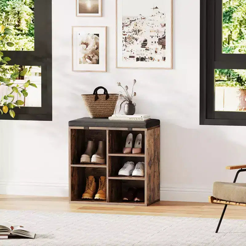 Shoe Bench with Storage, Entryway Bench with Cushioned Seat & Adjustable Shelves for Hallway and Mudroom