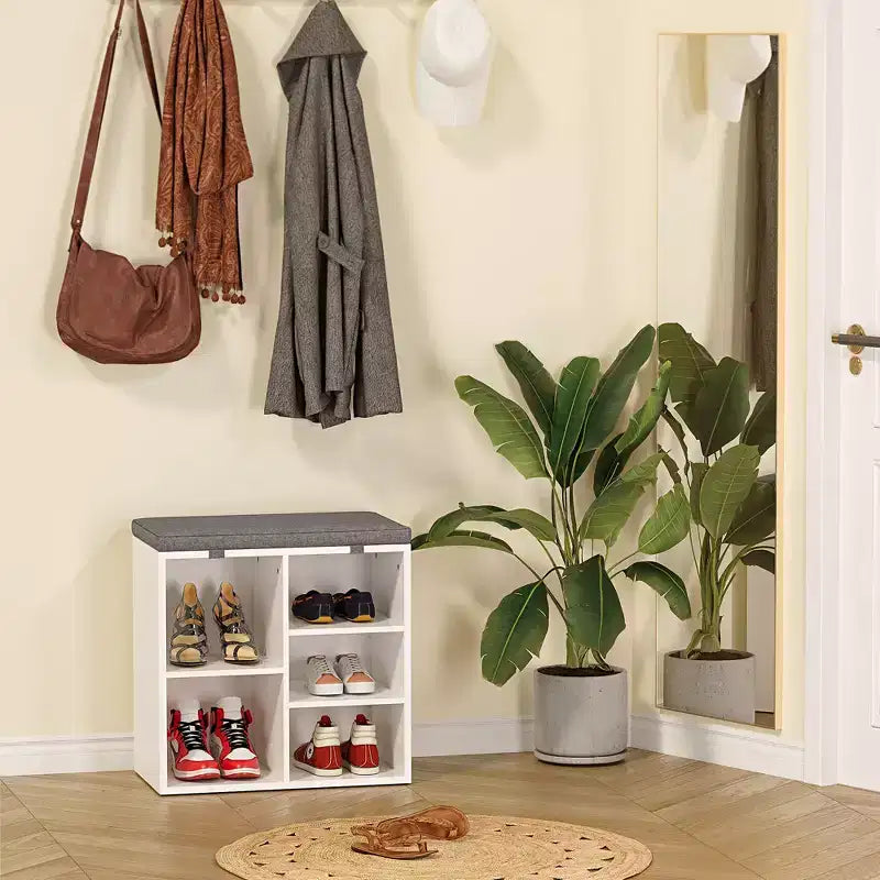 Shoe Bench with Storage, Entryway Bench with Cushioned Seat & Adjustable Shelves for Hallway and Mudroom