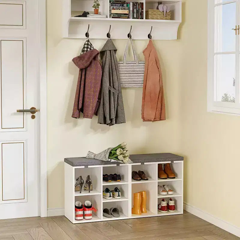 Shoe Bench with Storage, Entryway Bench with Cushioned Seat & Adjustable Shelves for Hallway and Mudroom