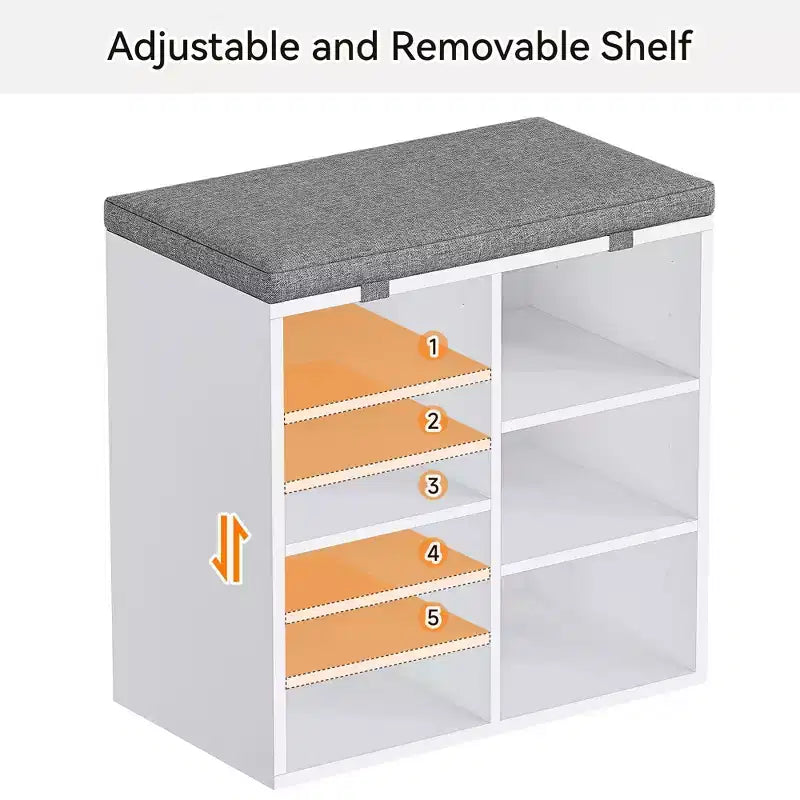 Shoe Bench with Storage, Entryway Bench with Cushioned Seat & Adjustable Shelves for Hallway and Mudroom