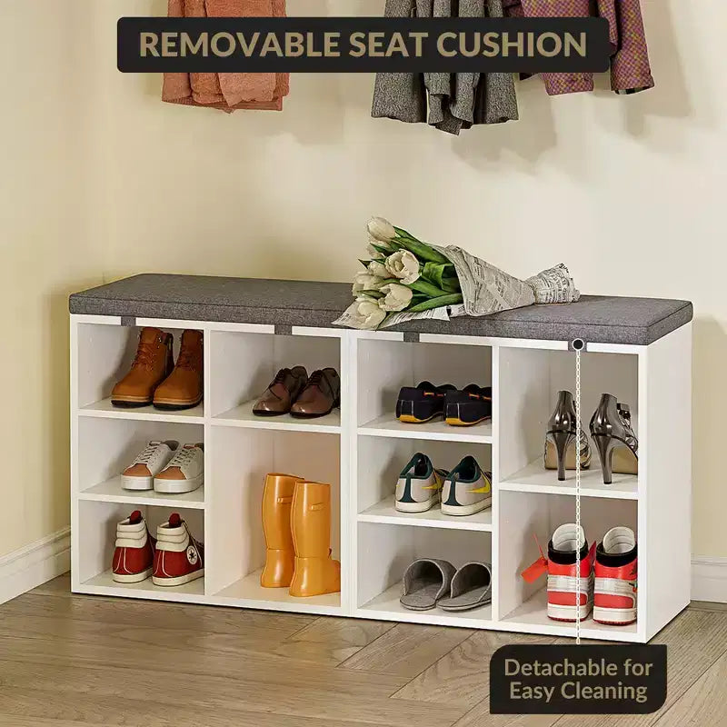 Shoe Bench with Storage, Entryway Bench with Cushioned Seat & Adjustable Shelves for Hallway and Mudroom