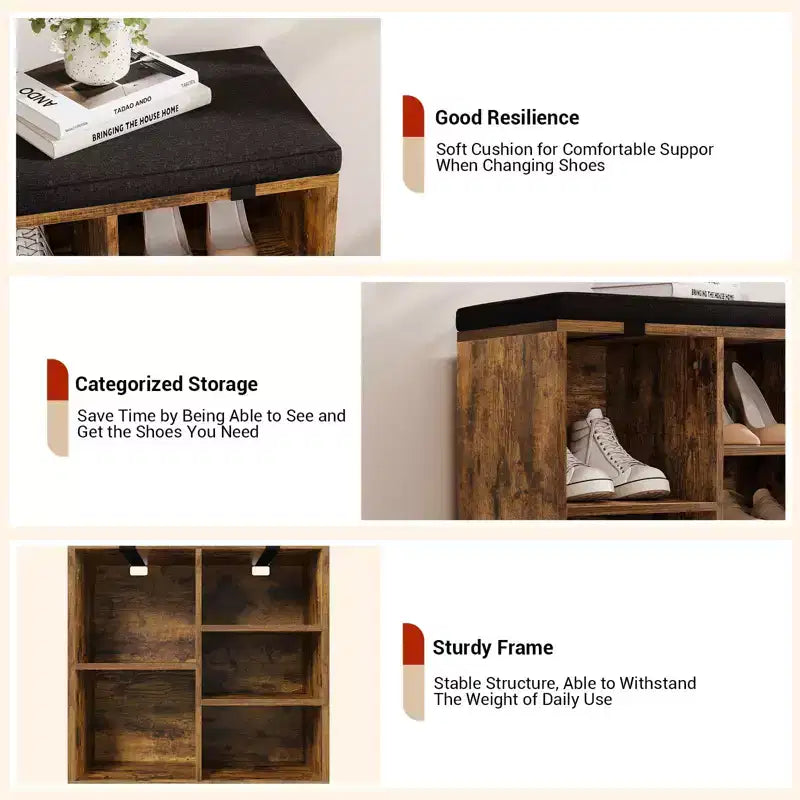 Shoe Bench with Storage, Entryway Bench with Cushioned Seat & Adjustable Shelves for Hallway and Mudroom