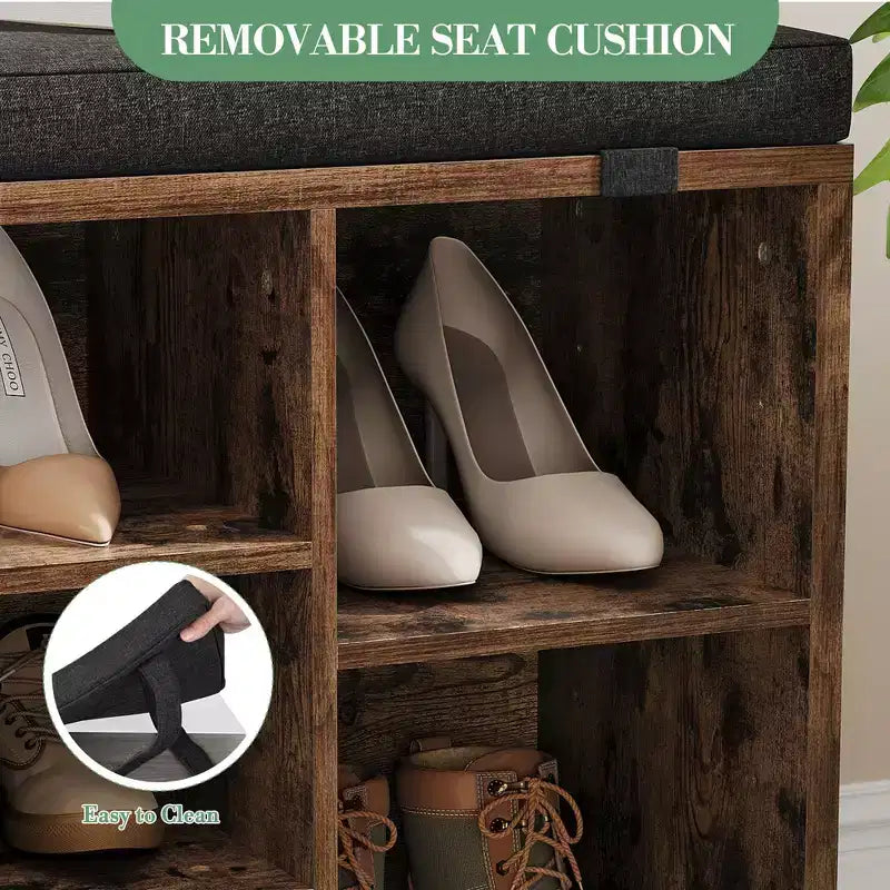 Shoe Bench with Storage, Entryway Bench with Cushioned Seat & Adjustable Shelves for Hallway and Mudroom