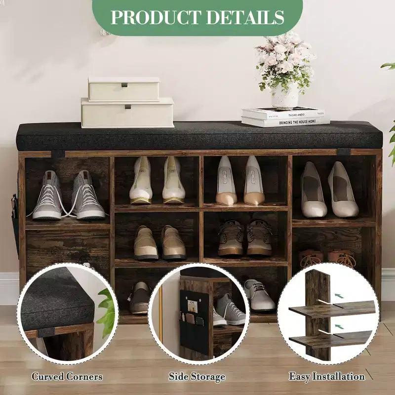 Shoe Bench with Storage, Entryway Bench with Cushioned Seat & Adjustable Shelves for Hallway and Mudroom