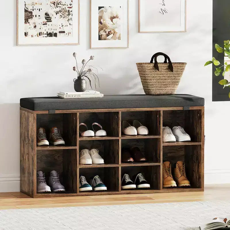 Shoe Bench with Storage, Entryway Bench with Cushioned Seat & Adjustable Shelves for Hallway and Mudroom