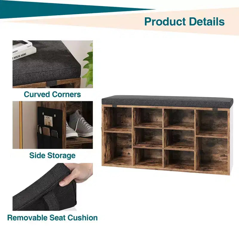 Shoe Bench with Storage, Entryway Bench with Cushioned Seat & Adjustable Shelves for Hallway and Mudroom