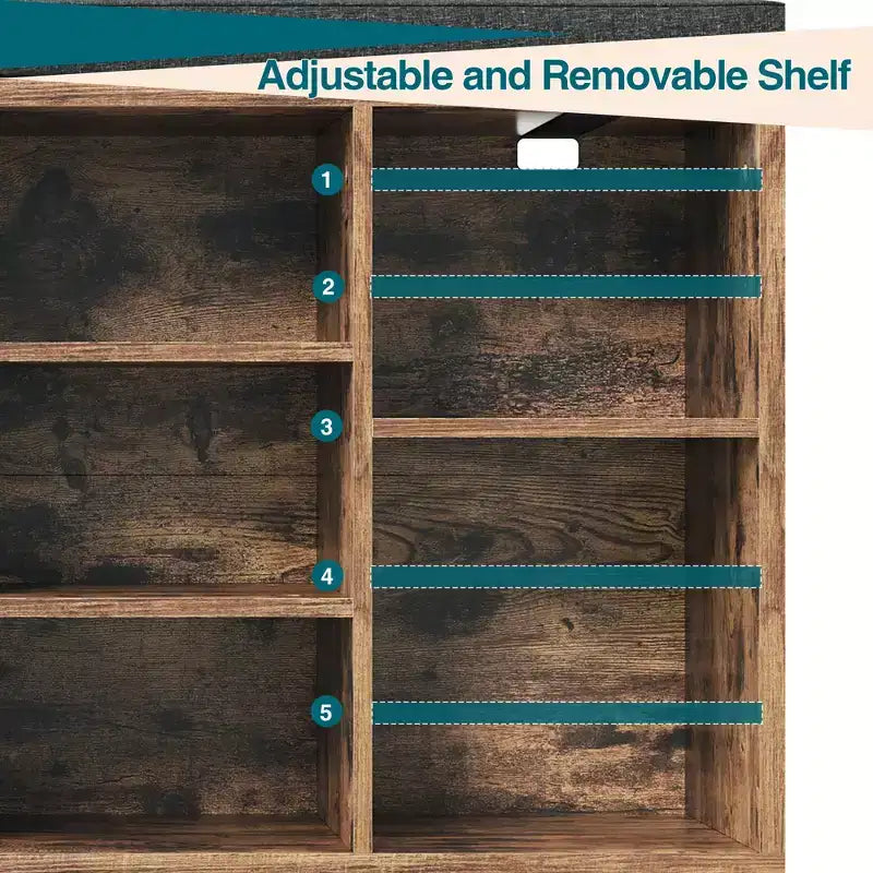 Shoe Bench with Storage, Entryway Bench with Cushioned Seat & Adjustable Shelves for Hallway and Mudroom