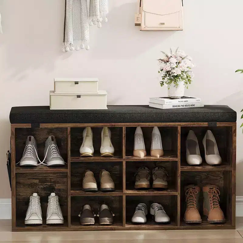 Shoe Bench with Storage, Entryway Bench with Cushioned Seat & Adjustable Shelves for Hallway and Mudroom