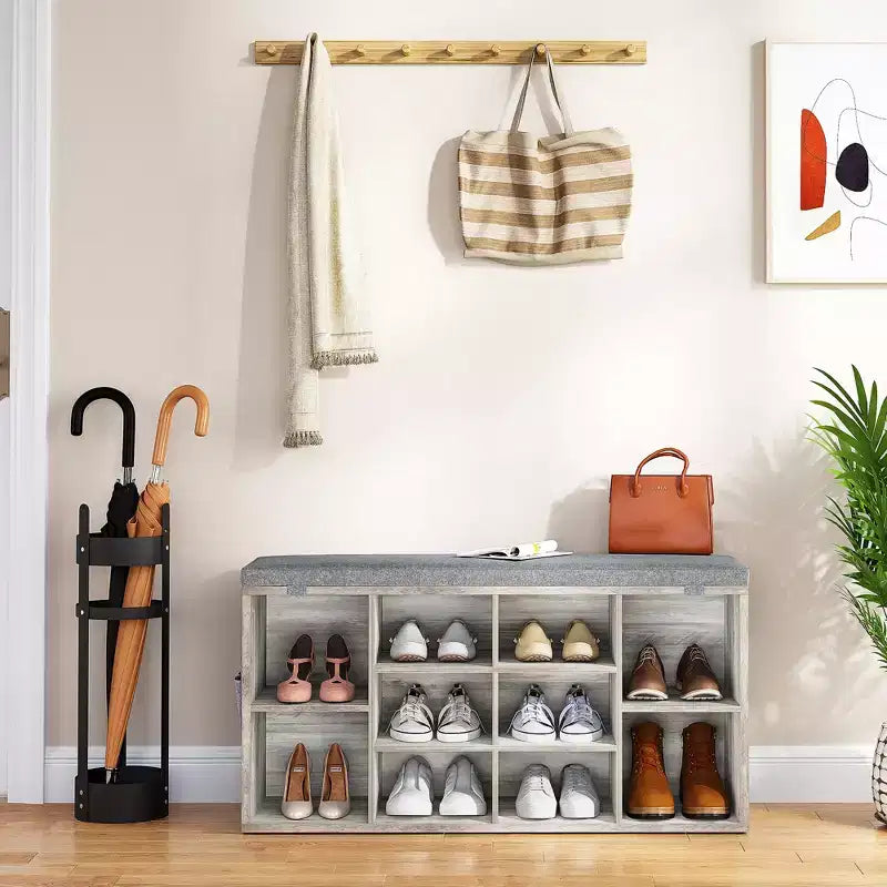 Shoe Bench with Storage, Entryway Bench with Cushioned Seat & Adjustable Shelves for Hallway and Mudroom