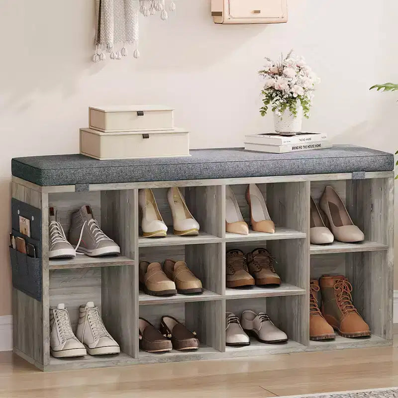 Shoe Bench with Storage, Entryway Bench with Cushioned Seat & Adjustable Shelves for Hallway and Mudroom