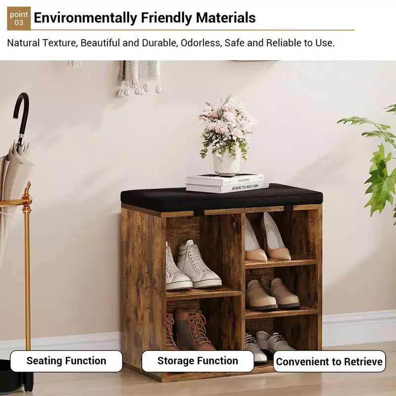 Shoe Bench with Storage, Entryway Bench with Cushioned Seat & Adjustable Shelves for Hallway and Mudroom