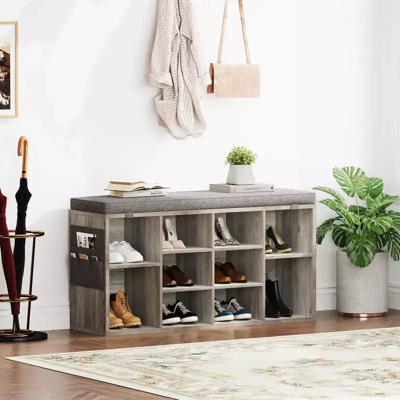 Shoe Bench with Storage, Entryway Bench with Cushioned Seat & Adjustable Shelves for Hallway and Mudroom