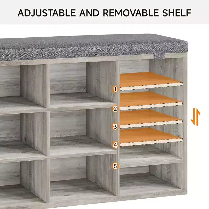 Shoe Bench with Storage, Entryway Bench with Cushioned Seat & Adjustable Shelves for Hallway and Mudroom