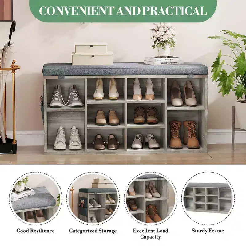 Shoe Bench with Storage, Entryway Bench with Cushioned Seat & Adjustable Shelves for Hallway and Mudroom