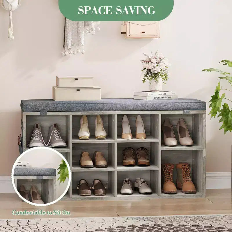 Shoe Bench with Storage, Entryway Bench with Cushioned Seat & Adjustable Shelves for Hallway and Mudroom