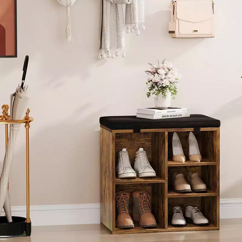 Shoe Bench with Storage, Entryway Bench with Cushioned Seat & Adjustable Shelves for Hallway and Mudroom