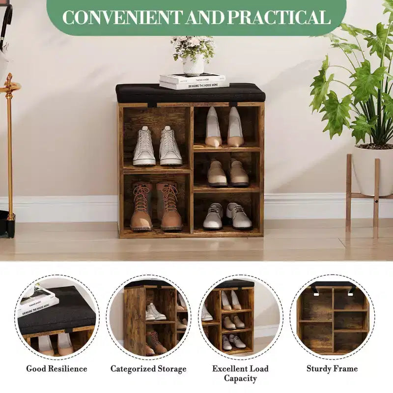 Shoe Bench with Storage, Entryway Bench with Cushioned Seat & Adjustable Shelves for Hallway and Mudroom