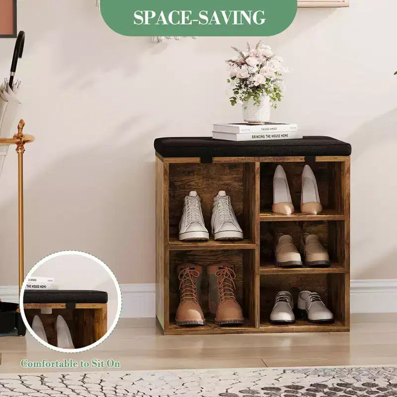 Shoe Bench with Storage, Entryway Bench with Cushioned Seat & Adjustable Shelves for Hallway and Mudroom
