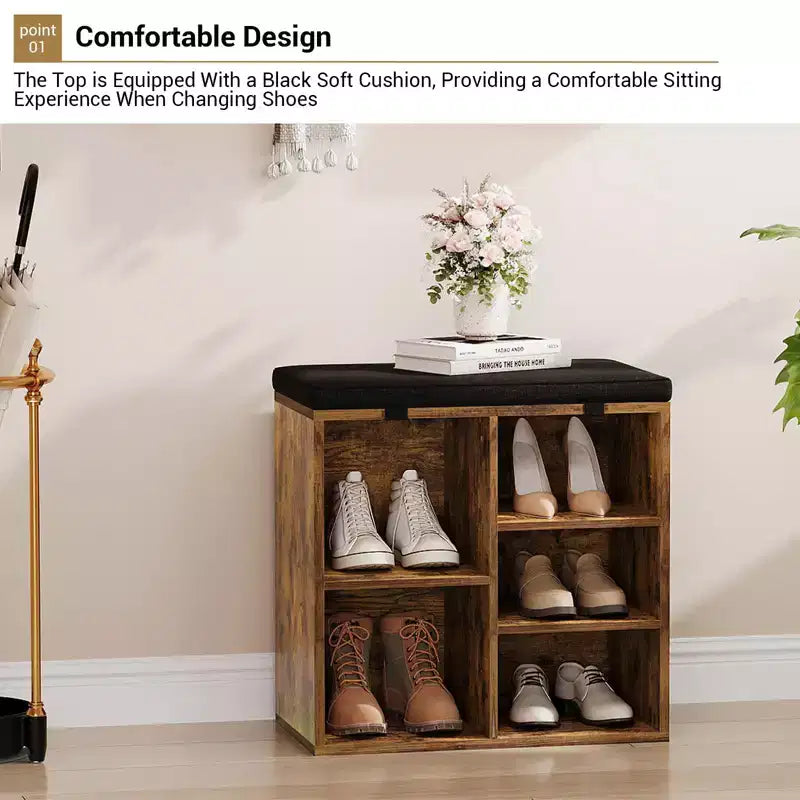 Shoe Bench with Storage, Entryway Bench with Cushioned Seat & Adjustable Shelves for Hallway and Mudroom