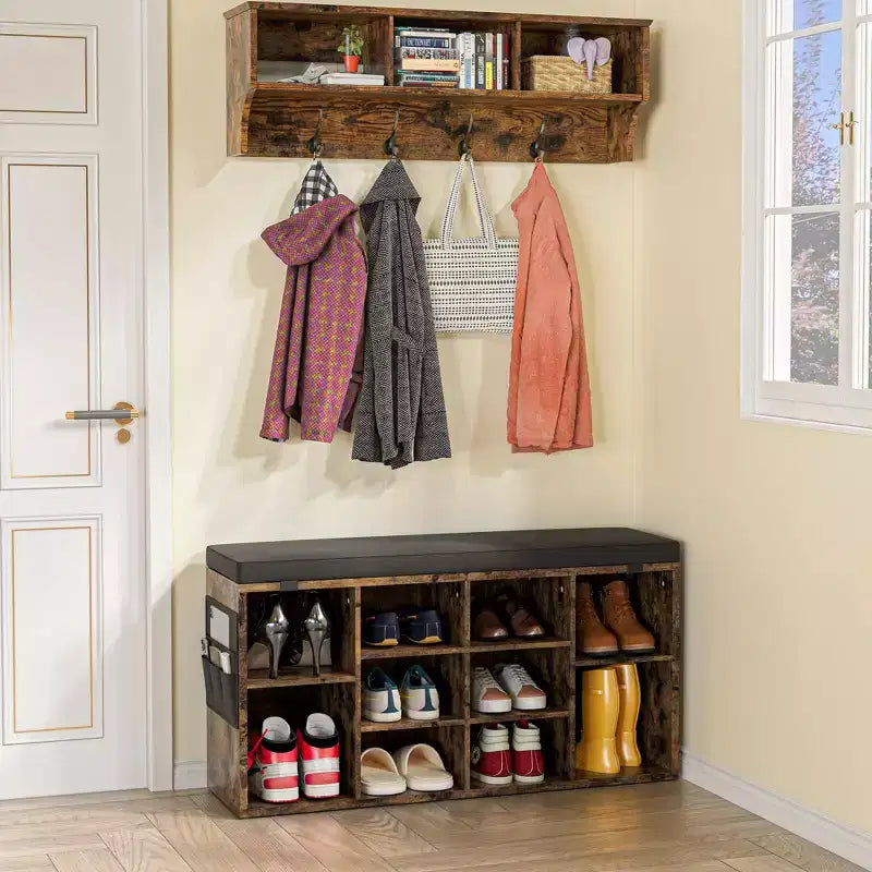 Shoe Bench with Storage, Entryway Bench with Cushioned Seat & Adjustable Shelves for Hallway and Mudroom