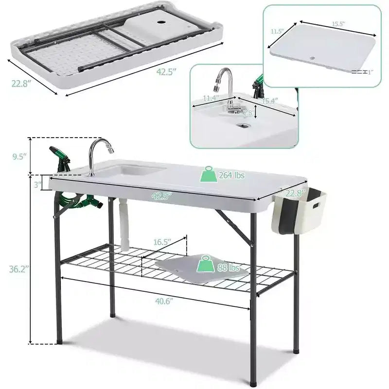Folding Fish Cleaning Table with Sink, Outdoor Fillet Station Portable Camping Station with Faucet Drainage Hose