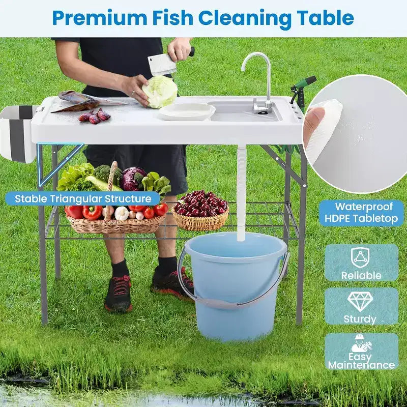 Folding Fish Cleaning Table with Sink, Outdoor Fillet Station Portable Camping Station with Faucet Drainage Hose
