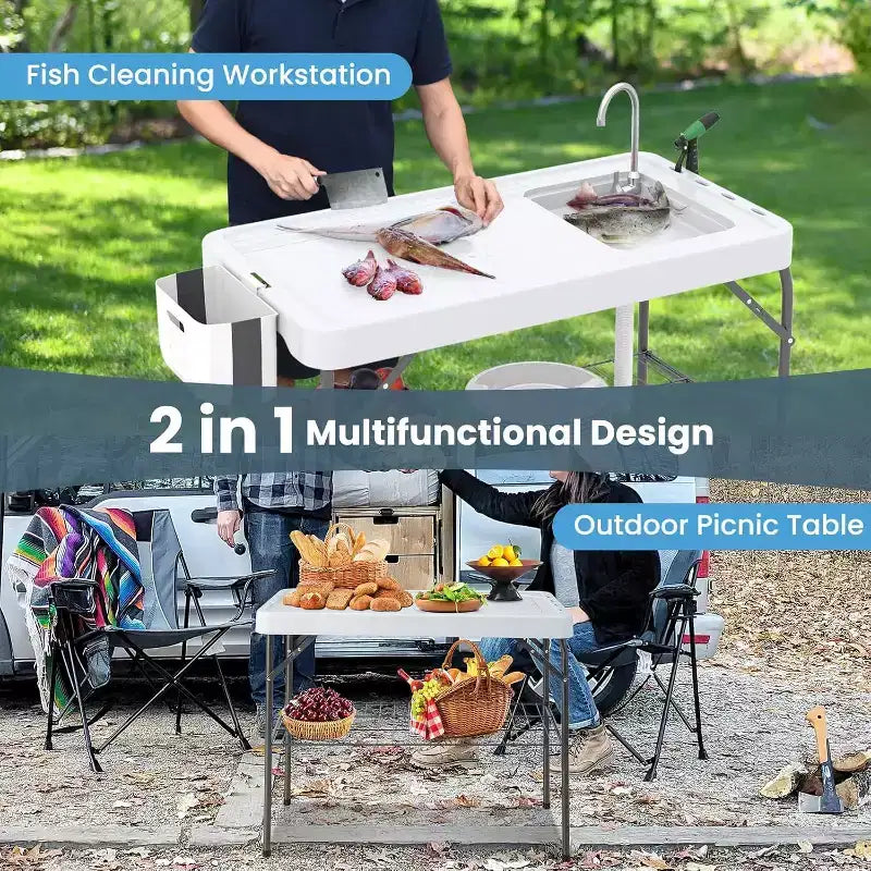 Folding Fish Cleaning Table with Sink, Outdoor Fillet Station Portable Camping Station with Faucet Drainage Hose