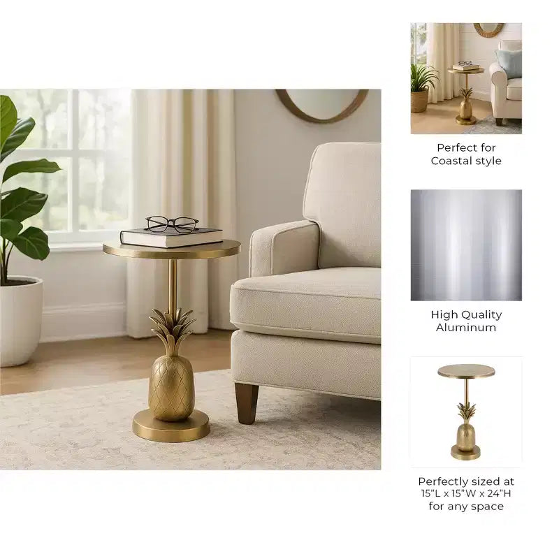Unique End Table, Side Table, or Small Night Stand for Room Decor - Metal Bedside Table with Pineapple Base for Bedroom or Living Room