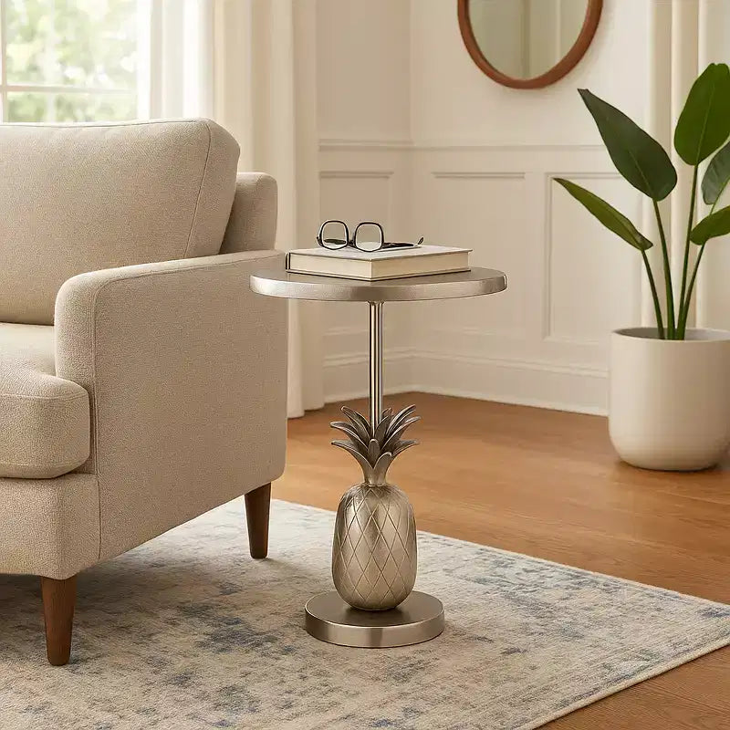 Unique End Table, Side Table, or Small Night Stand for Room Decor - Metal Bedside Table with Pineapple Base for Bedroom or Living Room