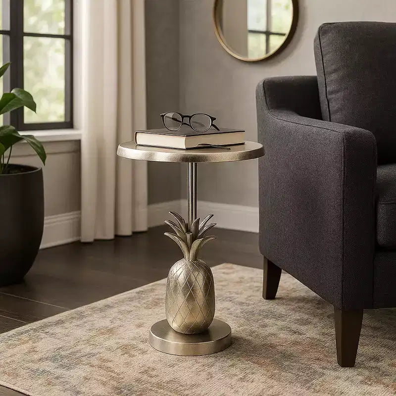 Unique End Table, Side Table, or Small Night Stand for Room Decor - Metal Bedside Table with Pineapple Base for Bedroom or Living Room