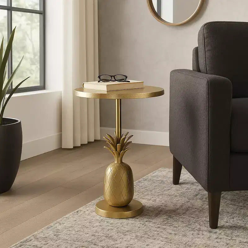 Unique End Table, Side Table, or Small Night Stand for Room Decor - Metal Bedside Table with Pineapple Base for Bedroom or Living Room