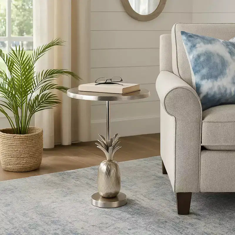 Unique End Table, Side Table, or Small Night Stand for Room Decor - Metal Bedside Table with Pineapple Base for Bedroom or Living Room