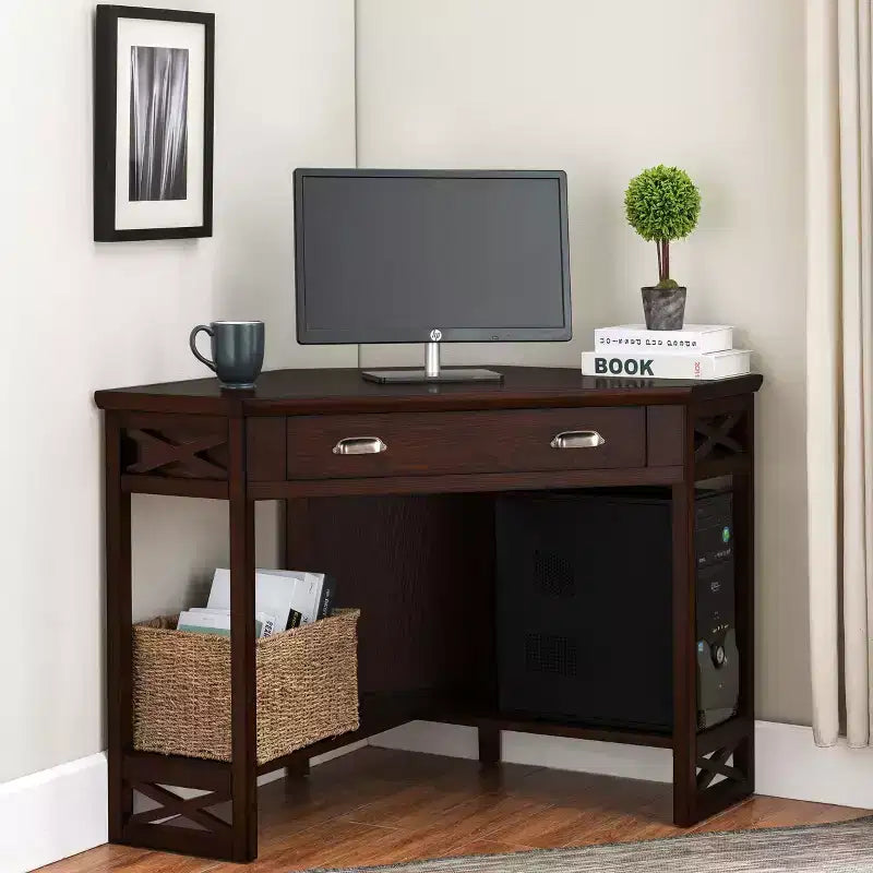 HomeStock 29 in.H Brown Color Acacia Wood Computer Desks with File Drawer
