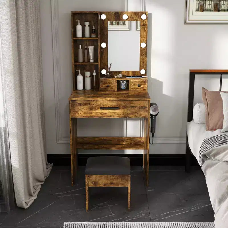 Vanity Table with Mirror & Adjustable LED Lights, Power Outlet, Hairdryer Holder & Stool Compact Dressing Desk for Small Bedrooms(Vintage)