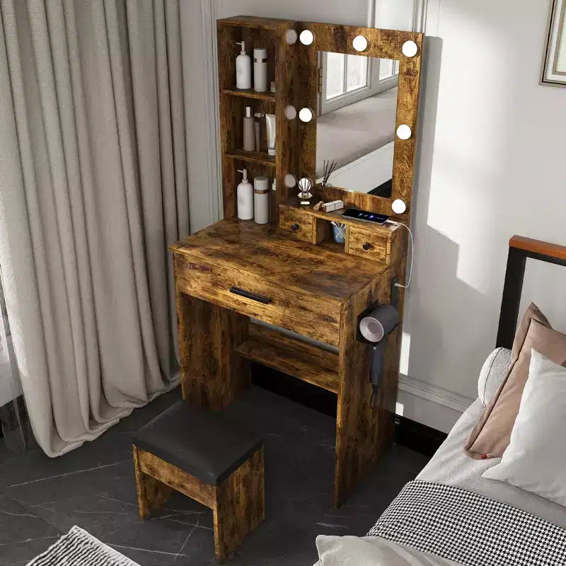 Vanity Table with Mirror & Adjustable LED Lights, Power Outlet, Hairdryer Holder & Stool Compact Dressing Desk for Small Bedrooms(Vintage)