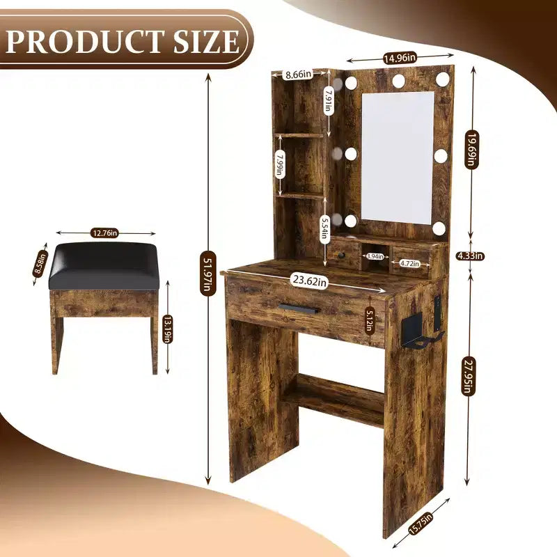 Vanity Table with Mirror & Adjustable LED Lights, Power Outlet, Hairdryer Holder & Stool Compact Dressing Desk for Small Bedrooms(Vintage)