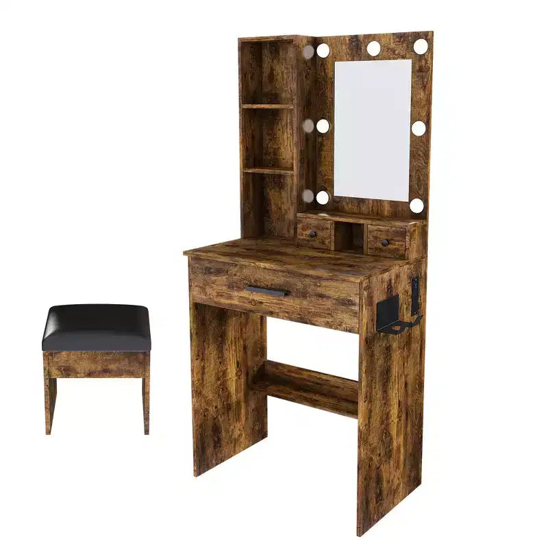 Vanity Table with Mirror & Adjustable LED Lights, Power Outlet, Hairdryer Holder & Stool Compact Dressing Desk for Small Bedrooms(Vintage)