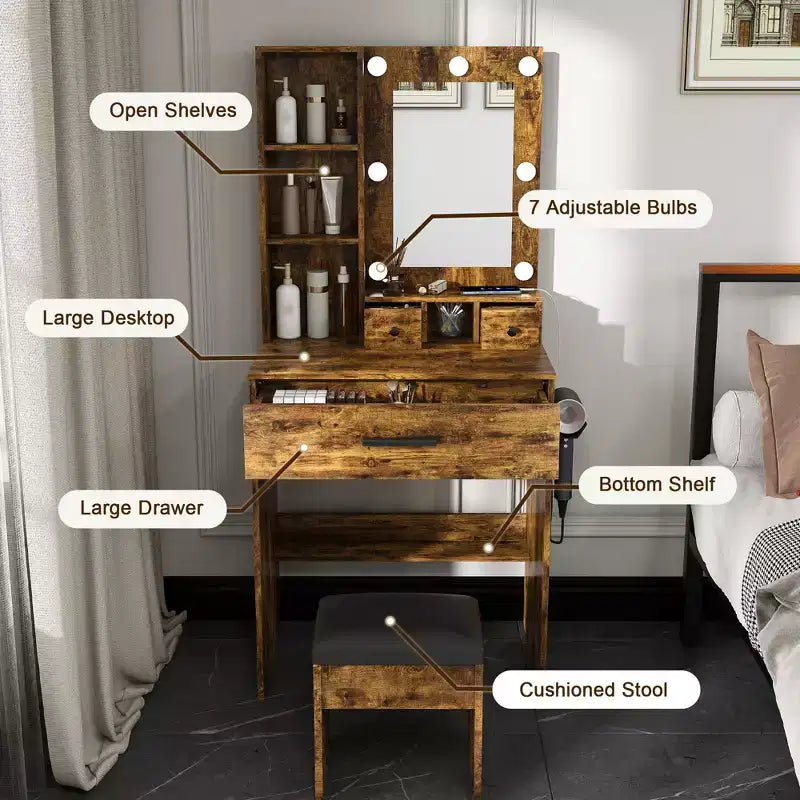 Vanity Table with Mirror & Adjustable LED Lights, Power Outlet, Hairdryer Holder & Stool Compact Dressing Desk for Small Bedrooms(Vintage)