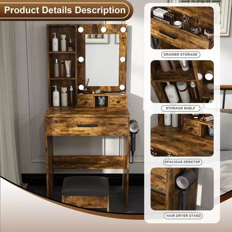 Vanity Table with Mirror & Adjustable LED Lights, Power Outlet, Hairdryer Holder & Stool Compact Dressing Desk for Small Bedrooms(Vintage)