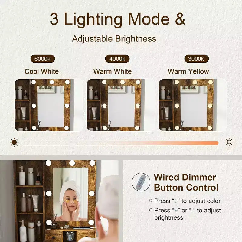 Vanity Table with Mirror & Adjustable LED Lights, Power Outlet, Hairdryer Holder & Stool Compact Dressing Desk for Small Bedrooms(Vintage)
