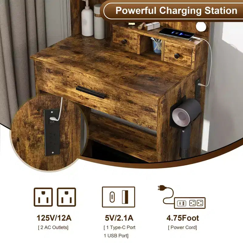 Vanity Table with Mirror & Adjustable LED Lights, Power Outlet, Hairdryer Holder & Stool Compact Dressing Desk for Small Bedrooms(Vintage)