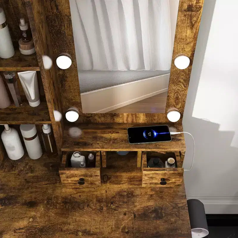 Vanity Table with Mirror & Adjustable LED Lights, Power Outlet, Hairdryer Holder & Stool Compact Dressing Desk for Small Bedrooms(Vintage)